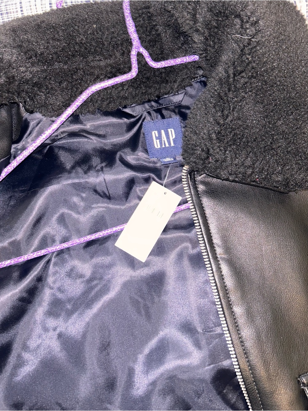 GAP Black Vegan Leather Flight Jacket with Shearling Collar - Picture 11 of 16